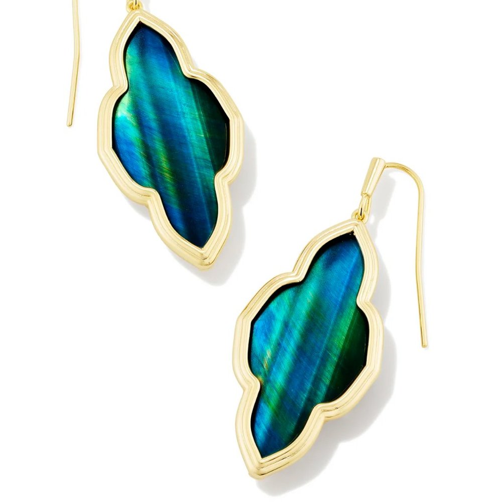 KENDRA SCOTT Framed Abbie Gold Drop Earrings in Teal Tiger's Eye NWT